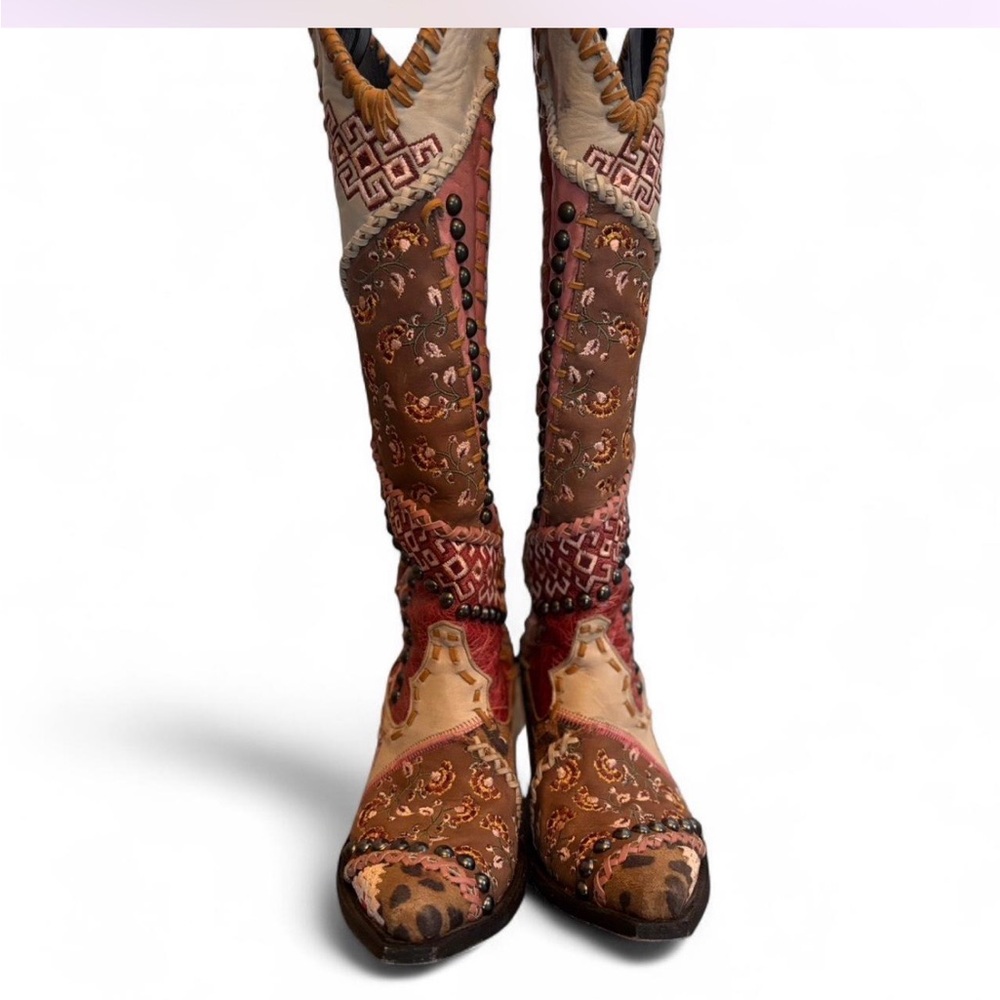 Patchwork Studded Knee-High Boots - Pink Brown - Picture 2 of 7